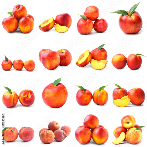 Set of ripe peaches isolated on white
