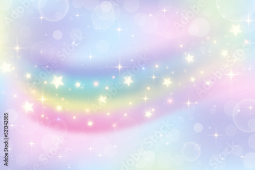 Holographic fantasy rainbow unicorn background. Pastel color sky. Magical landscape, abstract fabulous pattern. Cute candy wallpaper. Vector.