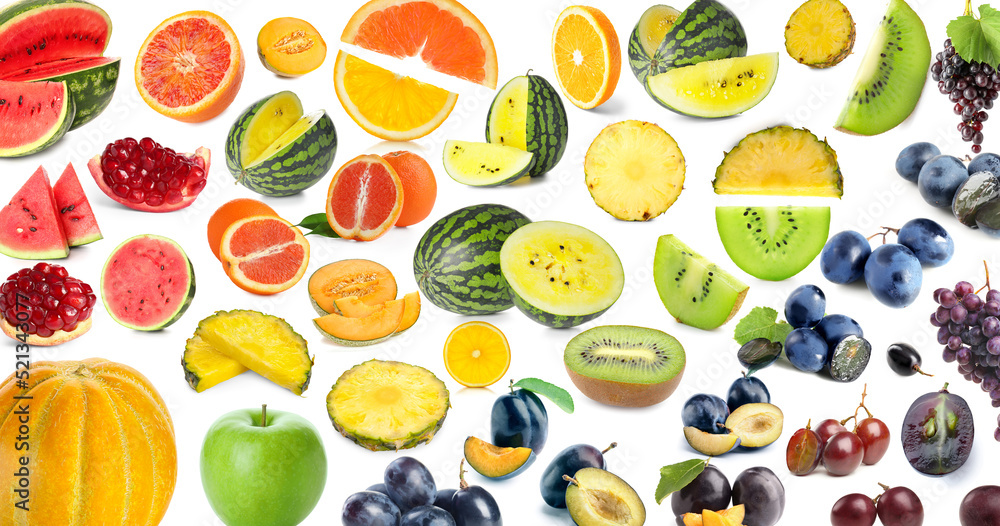 Many different ripe fruits isolated on white Many different ripe fruits isolated on white