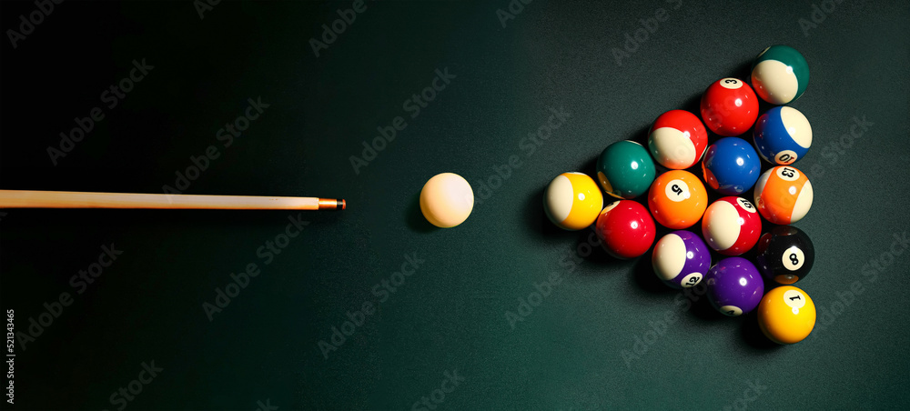 Εκτύπωση καμβά Pyramid made of billiard balls and cue on table, top view