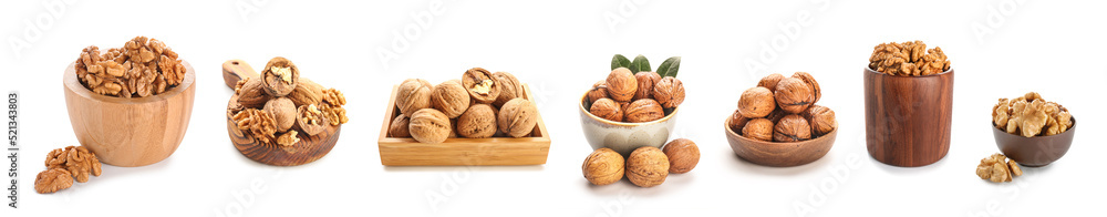 Set of tasty walnuts isolated on white Set of tasty walnuts isolated on white