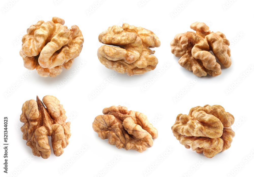 Set of tasty peeled walnuts isolated on white Set of tasty peeled walnuts isolated on white