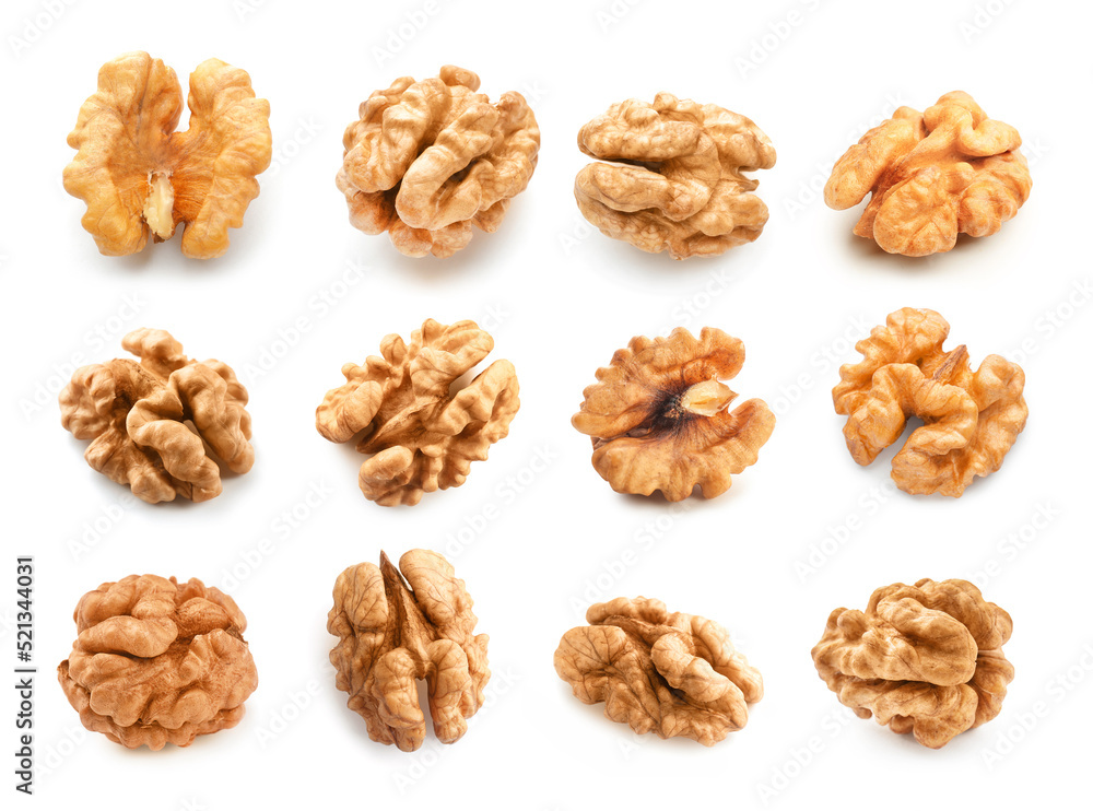 Set of tasty peeled walnuts isolated on white Set of tasty peeled walnuts isolated on white