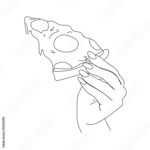 A simple outline drawing of the hands holding a pizza. Vector black and white sketch of giving hands isolated on transparent background	
