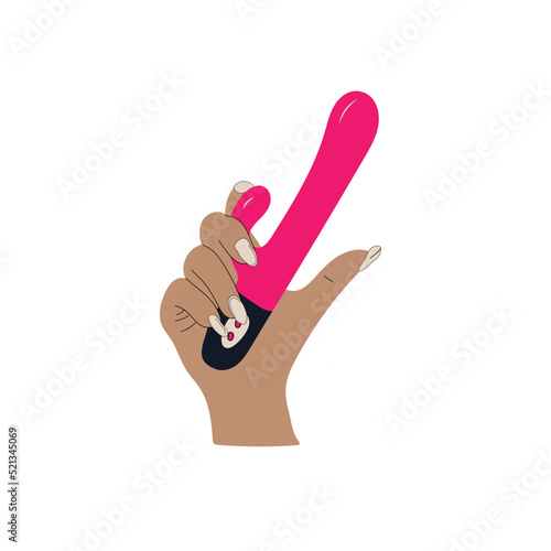 Sex life, a hand with colorful manicure holding a silicone massager vibrator. Vector	
