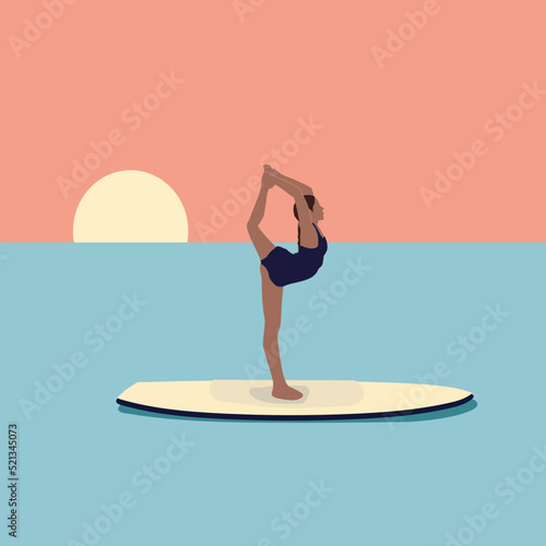Young woman doing yoga on a sup board. Female character in swimsuit on a surfboard. Scene of summer vacation or vacation at sea.	
