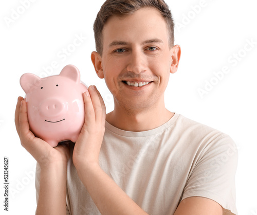 Young man with pink piggy b...