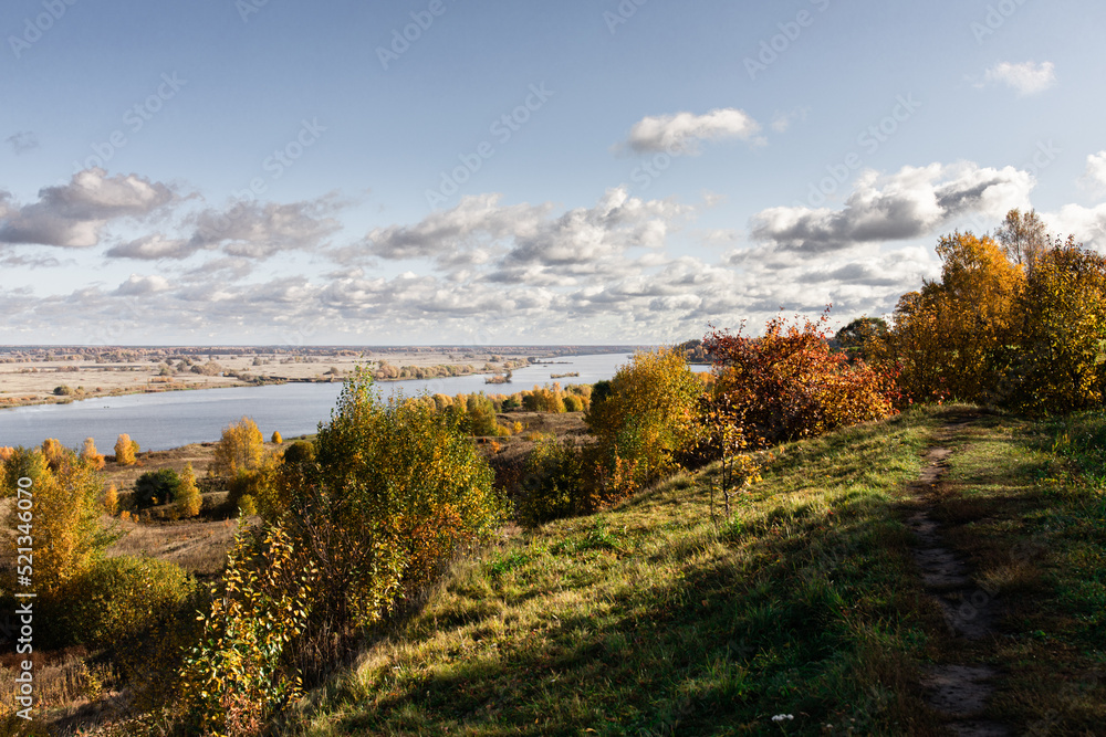 Autumn landscape in the Ryazan region, view of the Oka, the village of Konstantinovo. Front view.