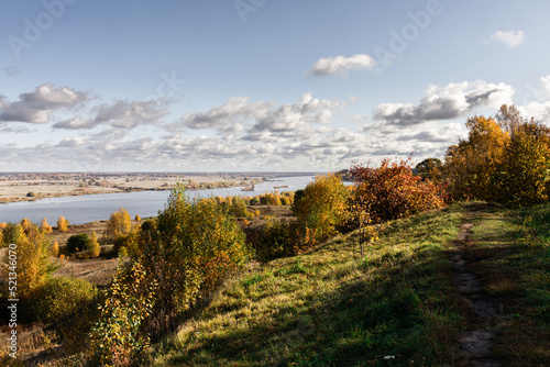 Autumn landscape in the Ryazan region  view of the Oka  the village of Konstantinovo. Front view.