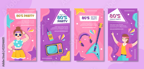 80s Party Social Media Stories Template Flat Cartoon Background Vector Illustration