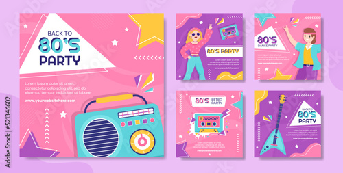 80s Party Social Media Post Template Flat Cartoon Background Vector Illustration