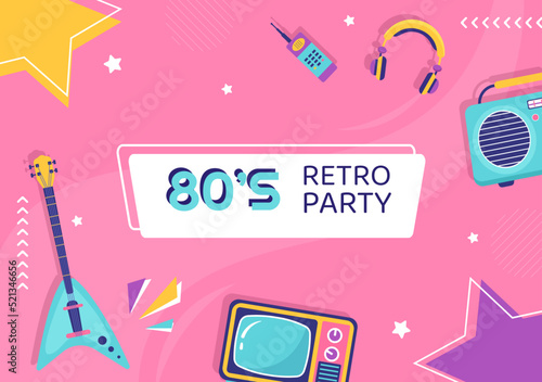80s Party Background Template Flat Cartoon Vector Illustration