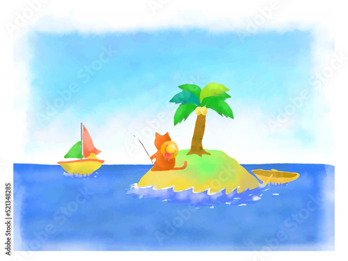 水彩風海とヤシの木のベクターイラスト