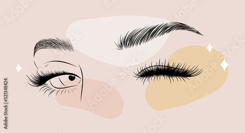 Minimalist female eyes on colored spots. Linear women lashes and brows. Vector illustration in one line drawing style. Perfect for logo.