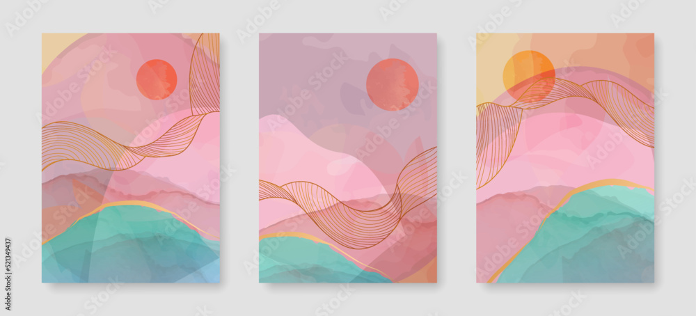 Minimalist Cover Set with Abstract Line Art Textures, Waves, Mountain. Minimalist Trendy Contemporary Design Perfect for Wall Art, Prints, Social Media, Posters, Invitations, Branding Design.