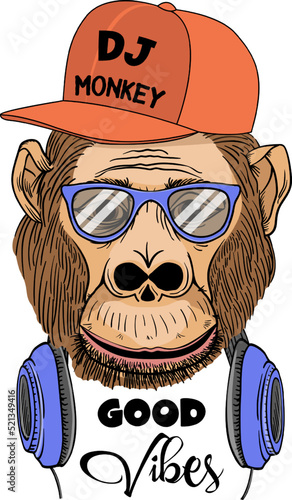 Hand drawn monkey illustration, with glasses and headphone, a hat and hand drawn slogans. Vector graphics for tshirt and other uses.