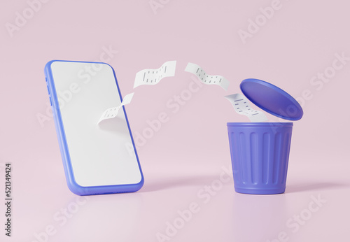 Minimal cartoon mobile phone application transfer file data to purple trash delete information, technology environment concept, waste, program on pink background. 3d render illustration photo