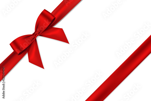 Red bow realistic shiny satin and ribbon place on corner of paper with shadow vector EPS10 isolated on white background	
 photo