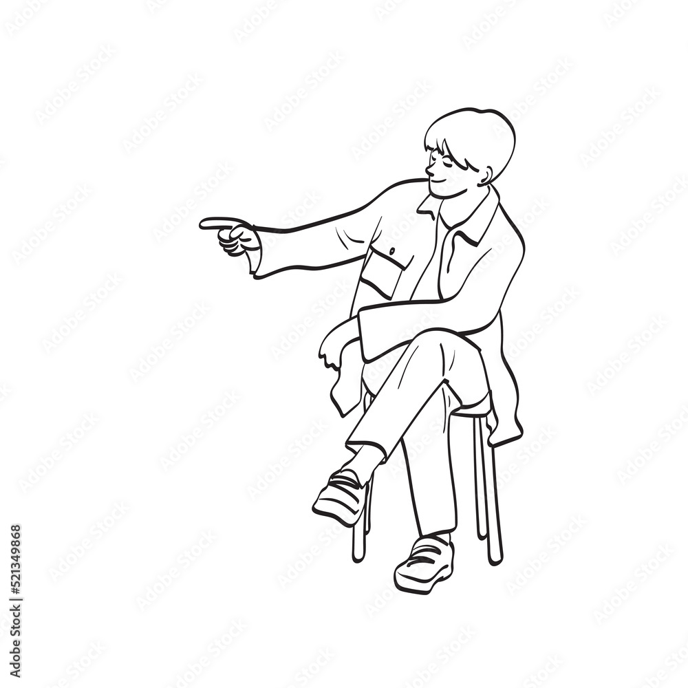 full length of man sitting and pointing to blank space illustration vector hand drawn isolated on white background line art. full length of man sitting and pointing to blank space illustration vector hand drawn isolated on white background line art.