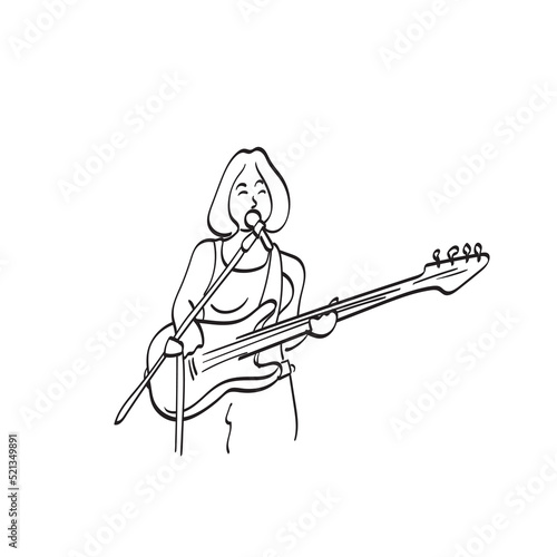 female singer with electric bass guitar and microphone illustration vector hand drawn isolated on white background line art.