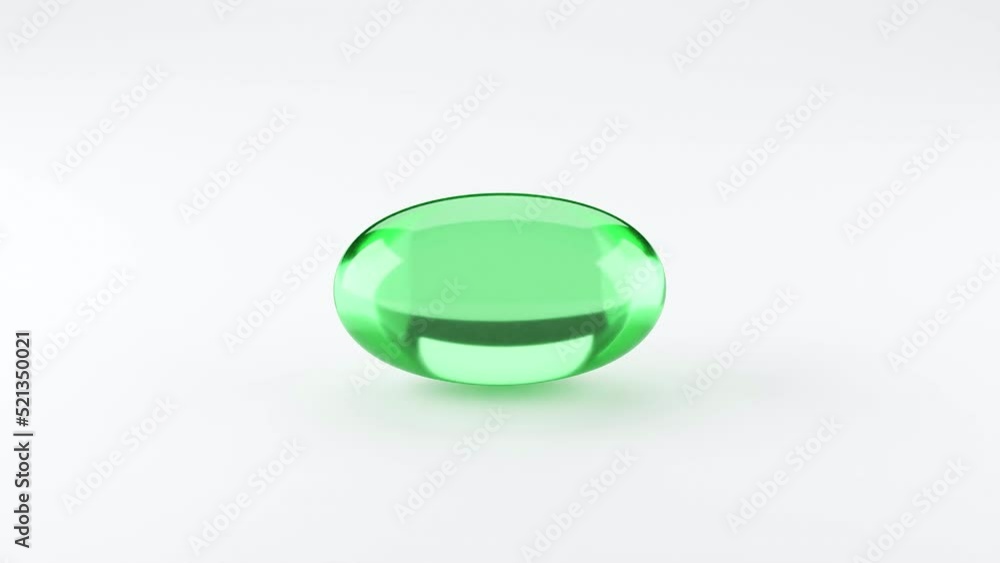 Green Soft gelatin capsules for containing oily drugs and nutritional supplements like vitamin A, and E rotated over white background. 3D rendering motion. Green Soft gelatin capsules for containing oily drugs and nutritional supplements like vitamin A, and E rotated over white background. 3D rendering motion.