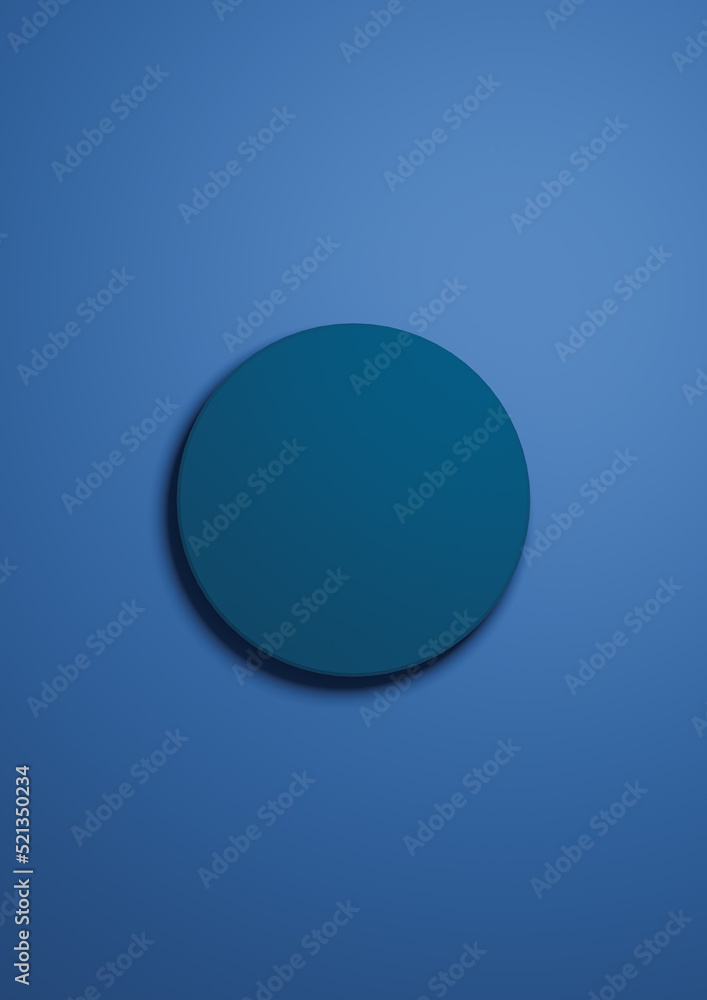 Bright, dark, pastel blue 3d Illustration simple minimal product display background top view flat lay with one cylinder, circle podium or stand from above