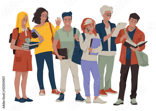 Students, schoolchildren, teenagers. The guy is reading a book, the girl is talking on the phone. Back to school. Vector image.