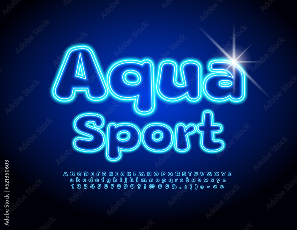 Vector illuminated sign Aqua Sport. Blue electric Font. Neon Alphabet Letters, Numbers and Numbers set