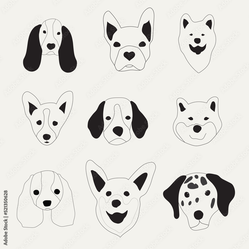 Fototapeta premium Cute dogs doodle vector set. Set of funny pet animals isolated on white background