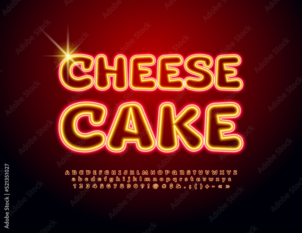 Vector tasty emblem Cheese Cake with glowing Font. Neon light Alphabet Letters and Numbers set