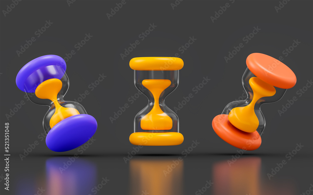 Hourglass sign purple yellow orange three view angle 3d render concept