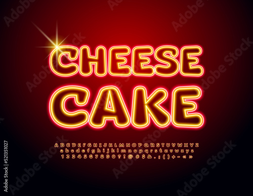 Vector tasty emblem Cheese Cake with glowing Font. Neon light Alphabet Letters and Numbers set