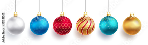 Christmas balls vector set design. Christmas ball 3d realistic collection in colorful and elegant decorative patterns isolated in white background for xmas decor. Vector illustration.
