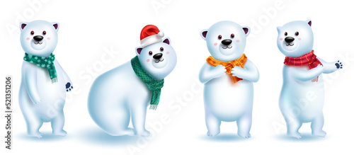 Polar bear characters vector set design. Christmas snow bears 3d character in cute and friendly pose and gestures for xmas winter animal collection. Vector illustration.
