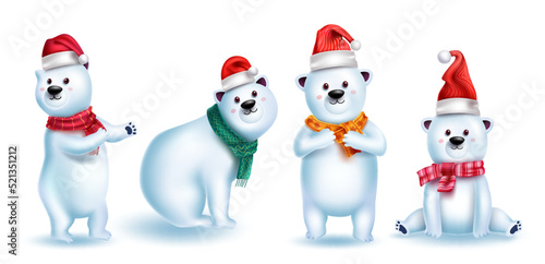 Christmas bear characters vector set. Christmas polar bear 3d cute character with santa hat isolated in white background for friendly snow animal collection. Vector illustration.

