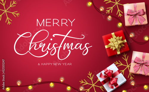 Merry christmas vector design. Merry christmas greeting text with gifts, snow flakes and lights elements for holiday season celebration. Vector illustration.

