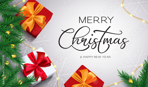 Merry christmas vector design. Merry christmas greeting text with gifts, fir branches and lights elements for xmas holiday season decoration. Vector illustration.
