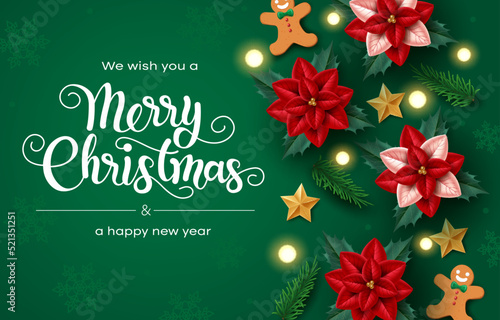 Merry christmas vector design. Merry christmas and happy new year text with poinsettia elements in green background for holiday season greeting card. Vector illustration.
