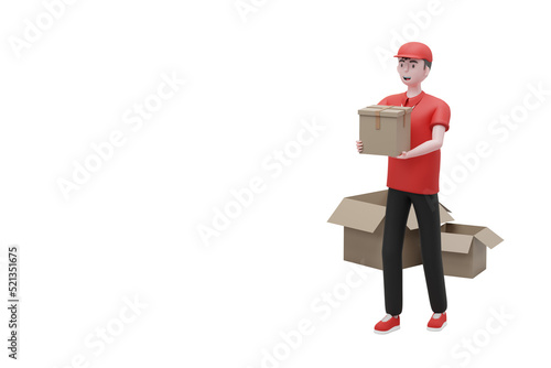 3D Character Delivery Man Red Shirt holding box