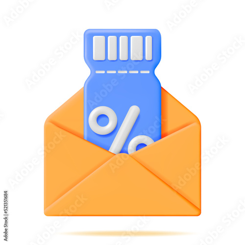 3d Coupon with Percent Symbol in Envelope Isolated on White. Render Color Discount Voucher or Coupon. Blank Ticket Shopping Paper. Promotional Offer. Bonus Purchase, Gift Concept. Vector Illustration