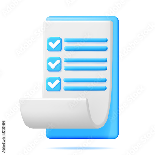 3D Paper Clipboard Holder with Checklist Symbol. Clipboard with Paper Sheet and Blue Check Mark Icon. Checkmark Tick Confirmation. Right Choice. Agreement, Approval or Trust. Vector Illustration
