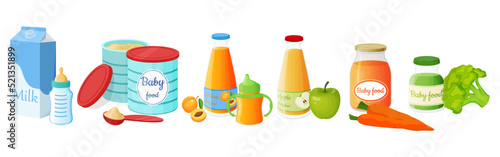 A set of baby food. Powdered milk mixture in a tin, milk, yogurt, apricot and applesauce, cottage cheese and apple juice.Vector illustration.