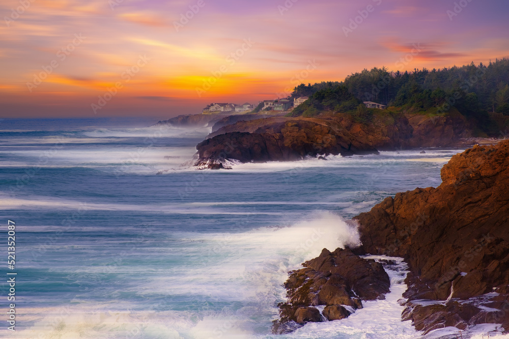 Ocean waves crashing,Rocky coast and beach with ocean surf, Oregon Coast, United States,