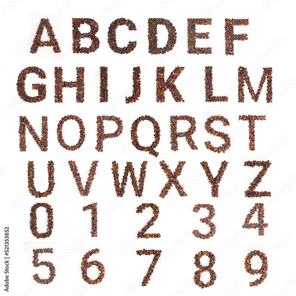 Coffee font. Alphabet made from coffee beans. White background. Roasted coffee beans. Coffee font. Alphabet made from coffee beans. White background. Roasted coffee beans.