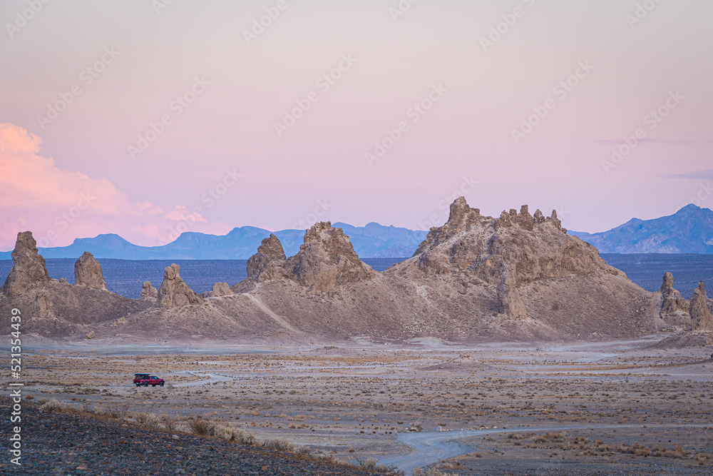 Trona Pinnacles at sunset with pink sky