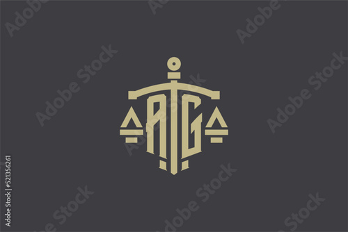 Letter AG logo for law office and attorney with creative scale and sword icon design