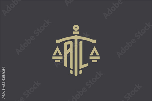 Letter AL logo for law office and attorney with creative scale and sword icon design