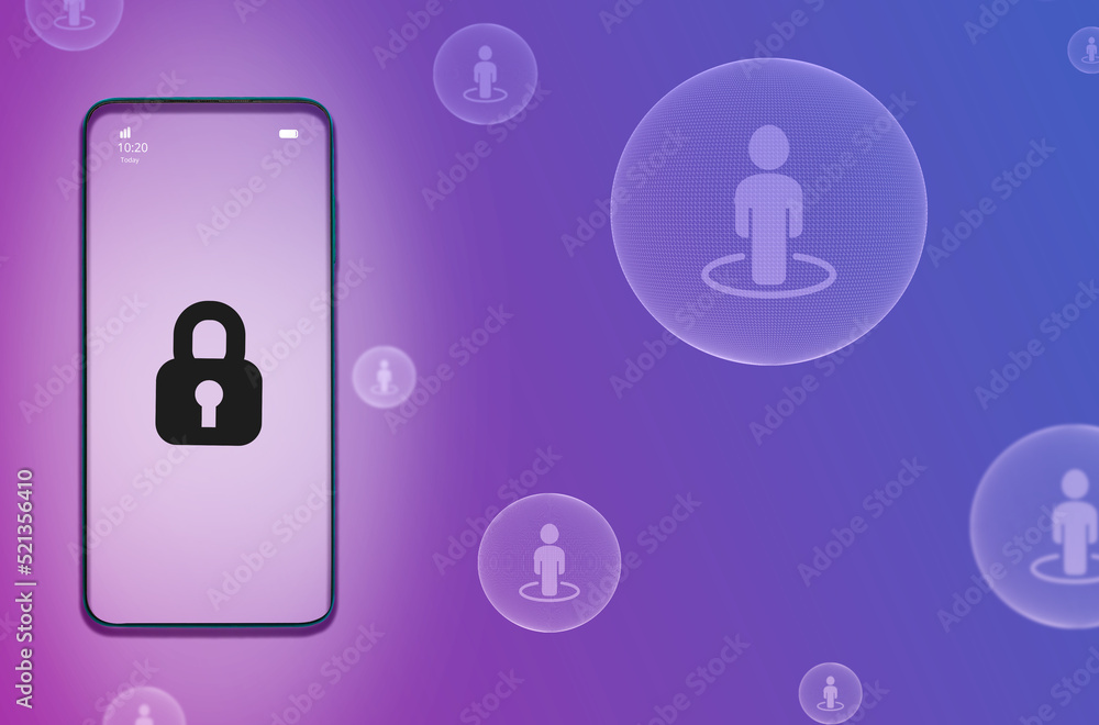 Close-up of the protected smartphone on a purple gradient background. Copy space. Antivirus protection. Cyber defense concept and cellphone apps Close-up of the protected smartphone on a purple gradient background. Copy space. Antivirus protection. Cyber defense concept and cellphone apps
