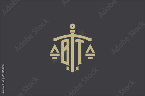 Letter BT logo for law office and attorney with creative scale and sword icon design