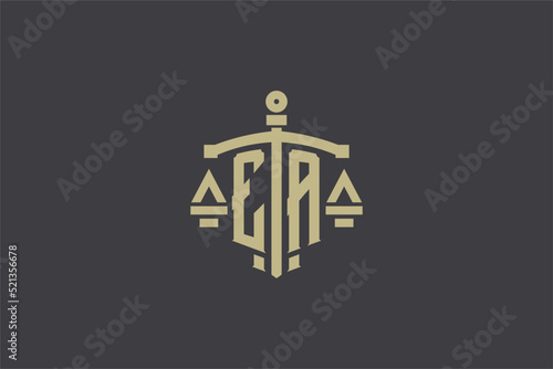 Letter EA logo for law office and attorney with creative scale and sword icon design